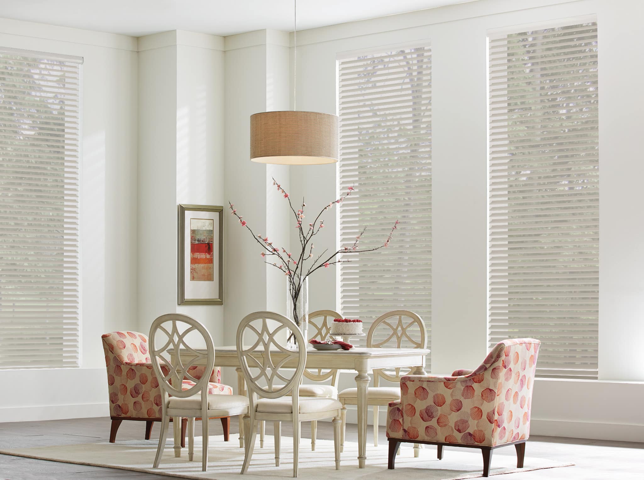 Sheer shades filtering in light into a big simplistic looking dining room.
